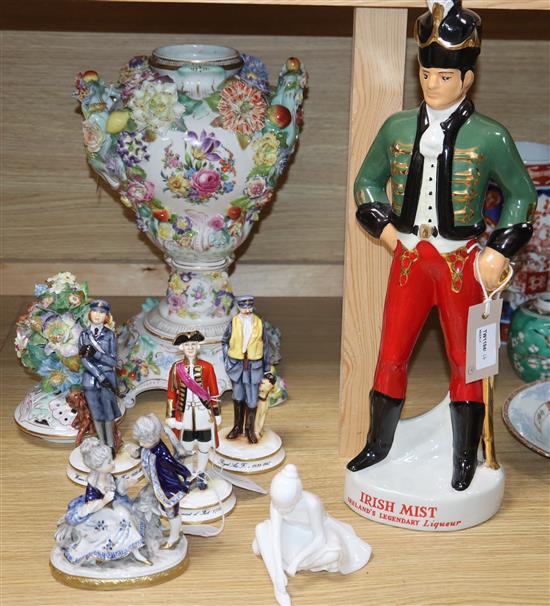Three limited edition Michael Sutty figures, an Irish Mist advertising figure, a Dresden style vase and cover and two other items